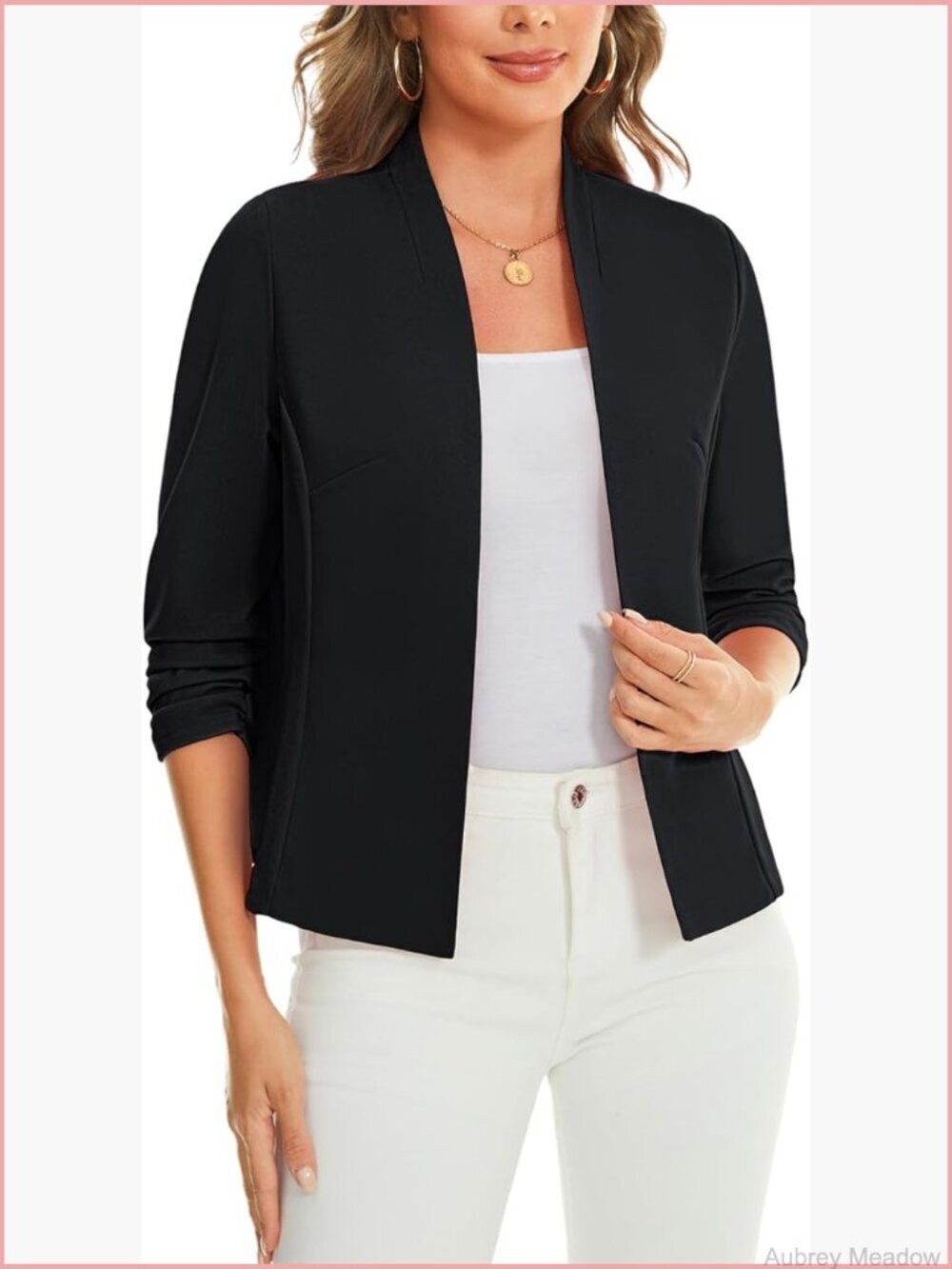 Women's Open Front Blazer with 3/4 Ruched Sleeves - Collarless Cardigan Style